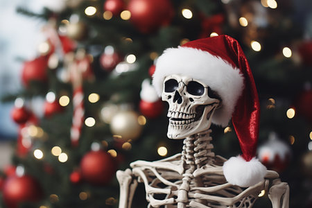 skeleton in santa hat with christmas tree on blurred backgroundの素材