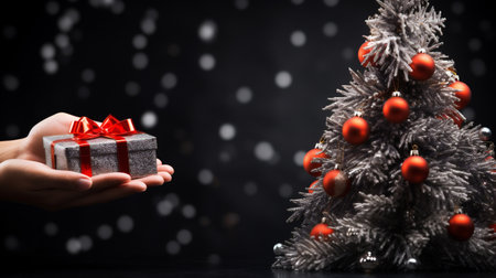 Hand holding a gift box with christmas tree and bokeh backgroundの素材