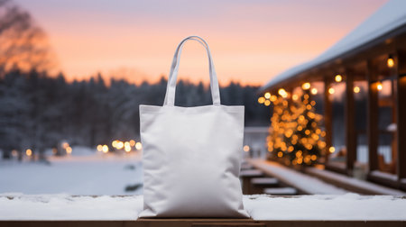 White shopping bag on wooden table in front of blurred background with bokeh lightsの素材