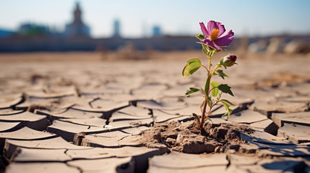 Flower growing on cracked earth. Concept of drought and climate changeの素材
