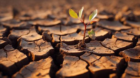 Plant growing on cracked soil, Global warming and climate change conceptの素材