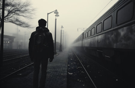 A man waiting for a train at the station in the fog.の素材