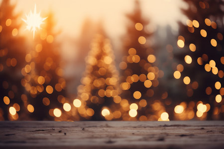 Wooden table in front of christmas tree with bokeh backgroundの素材