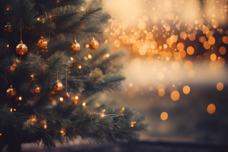Christmas tree with golden balls on blurred bokeh background, vintage tonedの素材