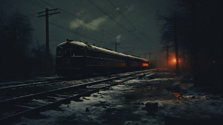 Train at the railway station at night. Railway in the foggy forest.の素材