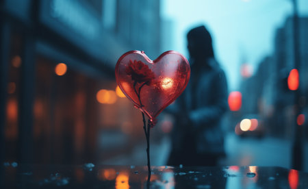 Valentine's day background. Red heart on the street in the eveningの素材