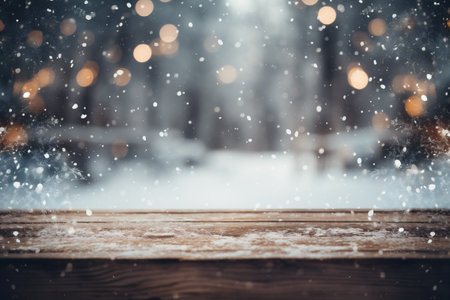 Wooden table top on snowy winter background with bokeh lightsの素材