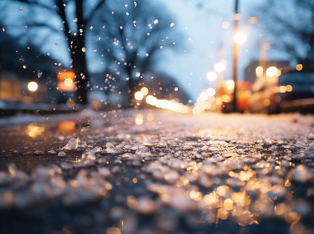 Snowfall on the road in the city at night. Defocused background.の素材