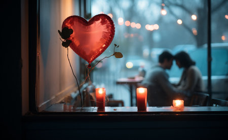 romantic valentines day concept, red heart shaped balloon and candles on windowの素材