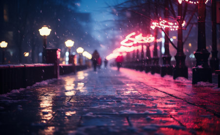 Winter city street at night. Blurred image of people walking on the street.の素材