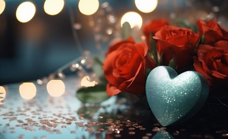 Bouquet of red roses and blue heart on bokeh backgroundの素材