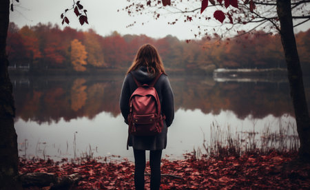 Back view of a girl with a backpack standing on the shore of a lake in autumn.の素材