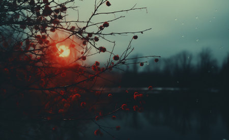 Sunset in the winter forest. Red rosehips on a branch.の素材