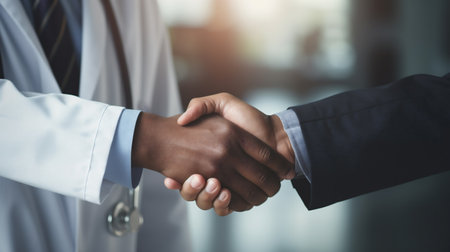 Doctor and patient shaking hands after discussing something while sitting at the table. Medicine and health care concept.の素材