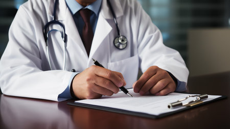 Close up of male doctor writing on clipboard while sitting at his working placeの素材