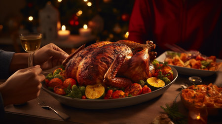 Close-up of a roasted turkey on a festive table at homeの素材