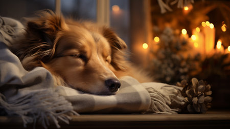 Portrait of a dog lying on the windowsill in front of a fireplaceの素材