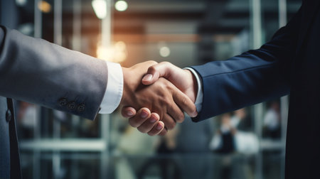 Closeup of business people shaking hands in office. Business handshake concept.の素材