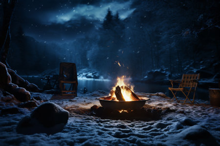 Bonfire in winter forest. Camping concept. Burning bonfire in snowy forest at night.の素材