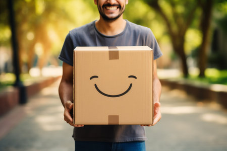 Cropped image of smiling delivery man holding cardboard box with smiley faceの素材