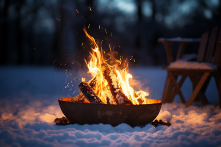 Bonfire in the snow. Bonfire in the winter forest.の素材