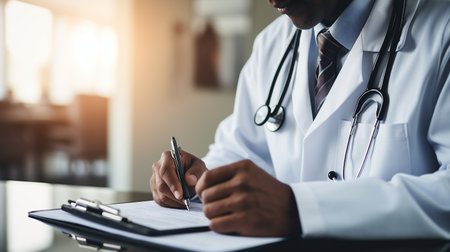 Closeup of a male doctor writing on a clipboard while sitting at his working placeの素材