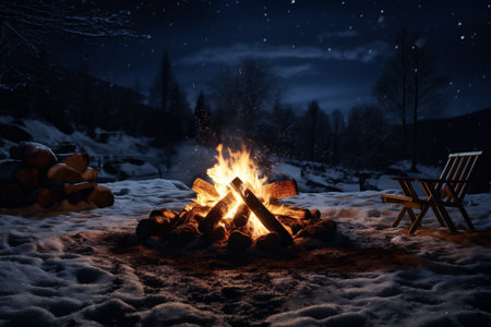 Bonfire in winter forest at night. Camping in the woods at night.の素材