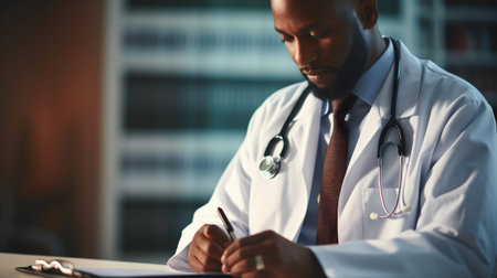 Close-up of african-american male doctor writing on clipboard in officeの素材