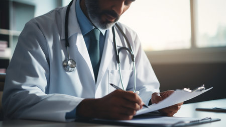 Close-up of male doctor writing on clipboard while sitting at office deskの素材