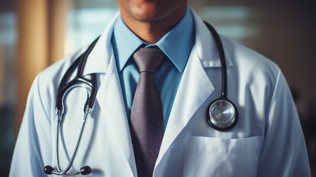 Close-up of male doctor with stethoscope standing in hospitalの素材