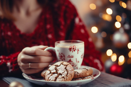 Woman with cup of coffee and cookies on table in room decorated for Christmasの素材
