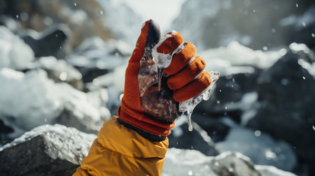 A man in a yellow jacket and gloves stands in the snow in the mountains.の素材