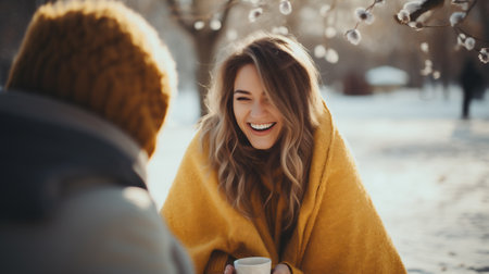 woman in warm clothes are walking in the park and drinking coffee.の素材