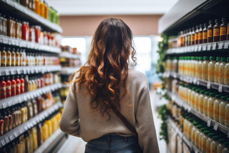 back view of young woman looking at bottles of juice in grocery storeの素材