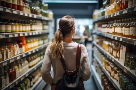 Back view of woman looking at shelves with bottles of oil in supermarketの素材