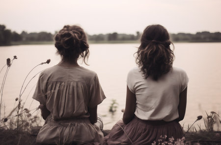 Two girls sitting on the bank of a lake, back view.の素材