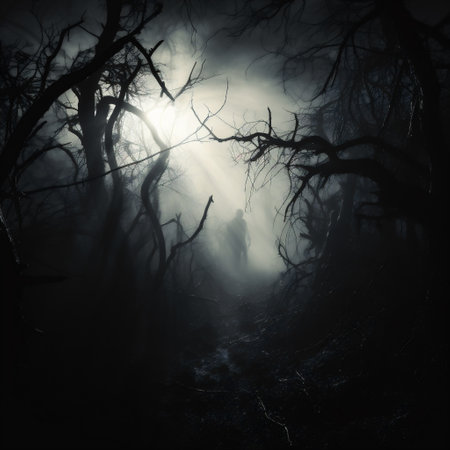 Mystical dark forest with fog and light. Horror Halloween conceptの素材
