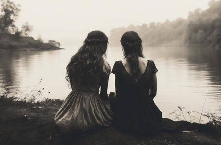 Two beautiful girls sitting on the bank of the river and looking at each otherの素材