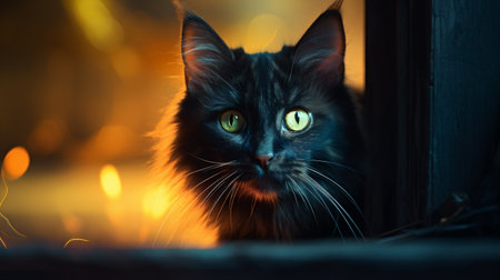 Black cat with green eyes in front of a burning fireplace at nightの素材