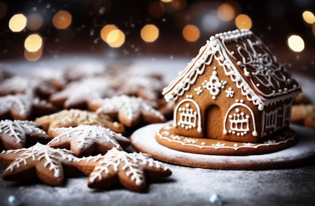 Homemade gingerbread house on a dark background with bokehの素材