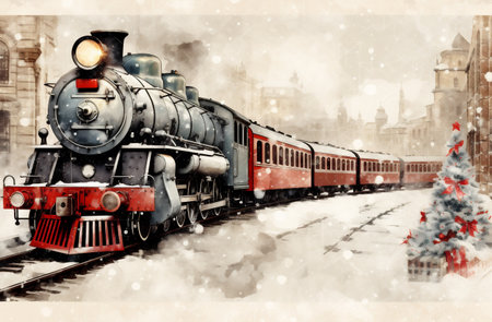 Vintage steam train on the background of the old town and Christmas tree. Illustrationの素材