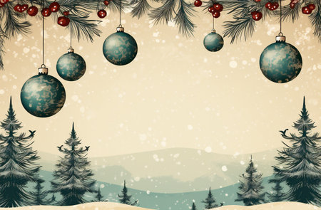 Christmas and New Year background with fir branches, balls and snowflakesの素材