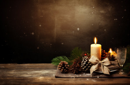Christmas still life with candles, fir branches and cones on wooden tableの素材