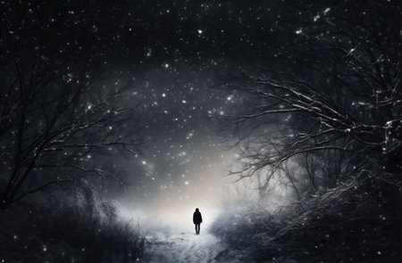 Mysterious dark forest at night with man walking in the pathの素材