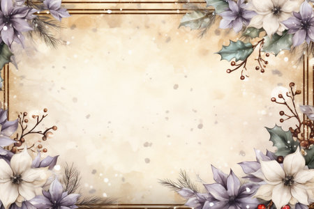 Watercolor christmas background with snowflakes, branches and flowersの素材