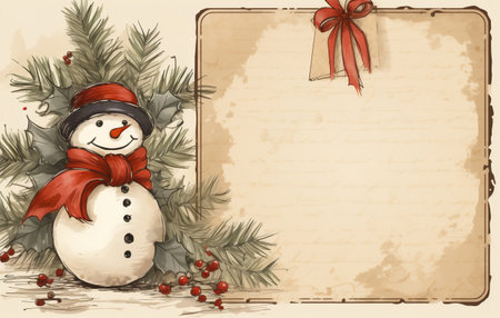 Vintage Christmas card with snowman, pine branches, red ribbon and gift box. Vector illustration.の素材