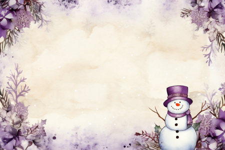 Winter background with snowman and lilac flowers. Watercolor illustration.の素材