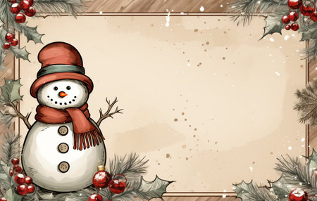 Christmas greeting card with snowman and fir branches. Vector illustration.の素材