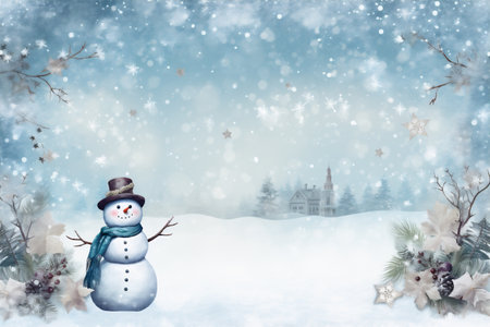 Snowman in the winter forest with snowflakes. Christmas background.の素材