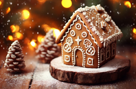 Gingerbread house on a wooden table in front of Christmas lightsの素材